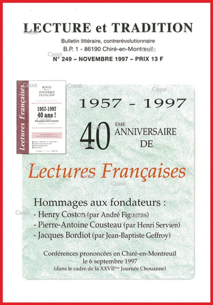 N°249 Nov 1997 - 40ème anniversaire de Lectures Françaises (1957-1997)