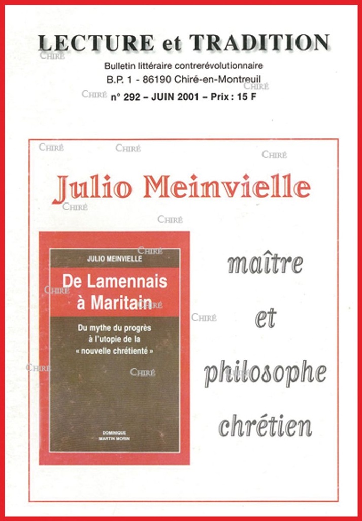 N°292 Juin 2001 - Julio Meinvielle maître et philosophe chrétien