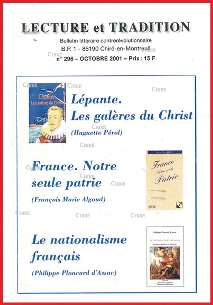 N°296 Oct 2001 - Lépante, les galères du Christ- France, notre seule patrie