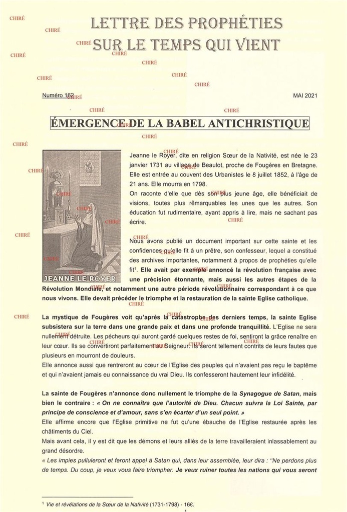 Lettre des prophéties n° 162 à 169 - Emergence de la Babel antichristique